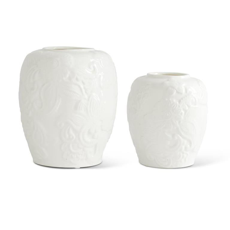 White Ceramic Paisley & Floral Embossed Vases
