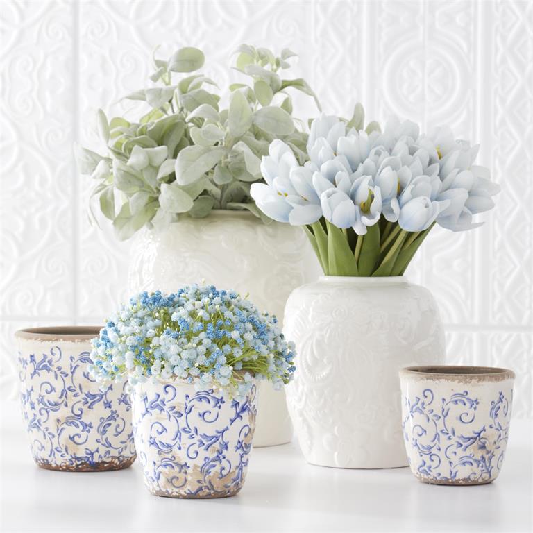 White Ceramic Paisley & Floral Embossed Vases