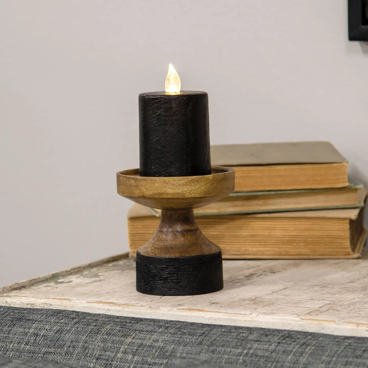 Black And Wood Pillar Holder