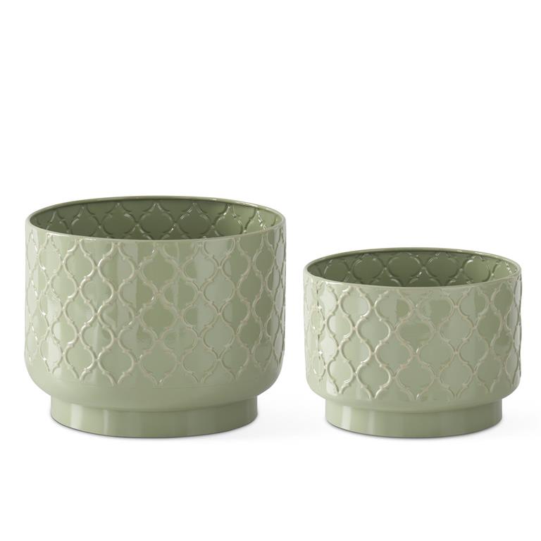 Sage Green & Taupe Metal Quatrefoil Pot