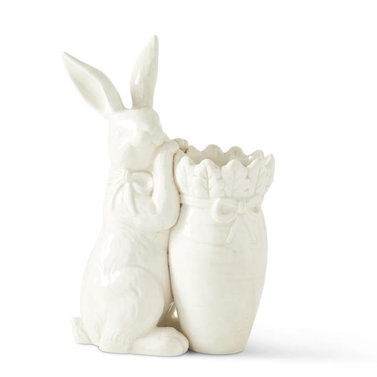 9 Inch Antiqued White Carrot Vase With Rabbit