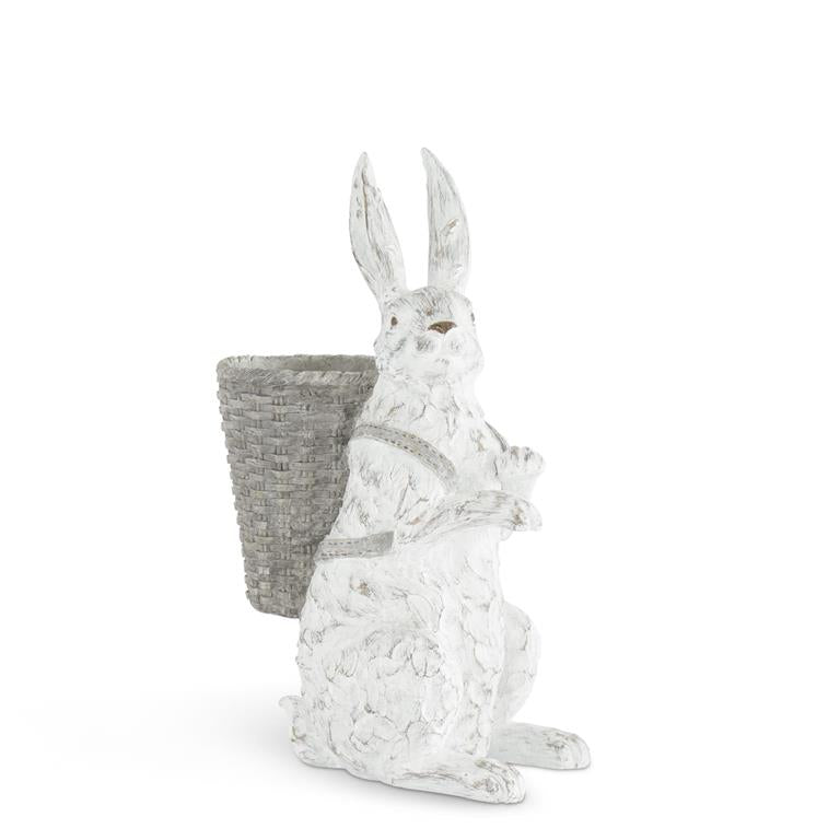 16.5 Inch Whitewashed Resin Bunny With Open Basket