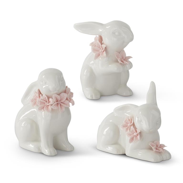 5 Inch White Ceramic Easter Bunnies With Pink Flowers