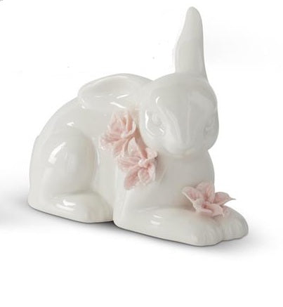 5 Inch White Ceramic Easter Bunnies With Pink Flowers
