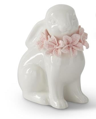 5 Inch White Ceramic Easter Bunnies With Pink Flowers
