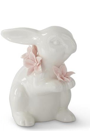 5 Inch White Ceramic Easter Bunnies With Pink Flowers