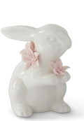 5 Inch White Ceramic Easter Bunnies With Pink Flowers