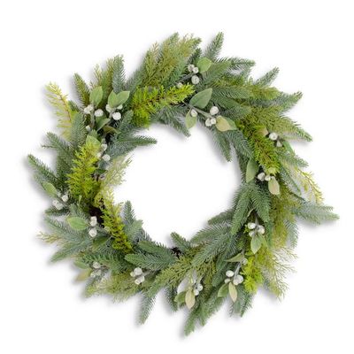 28 Inch Mixed Pine With Cream Pods Wreath