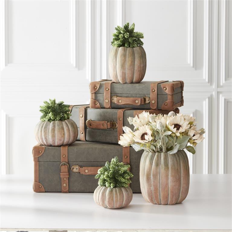 Tall Whitewashed Orange And Green Cement Pumpkins