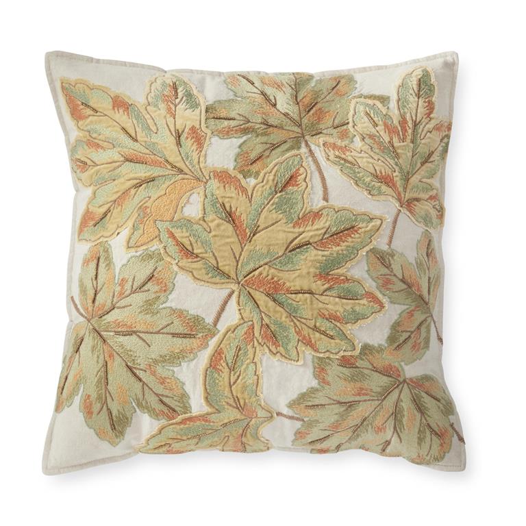 20 Inch Green With Rust Embroidered And Bead Leaf Pillow