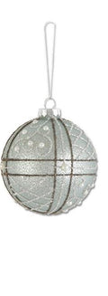 Glittered Lt. Blue Mercury Glass Ornament With Pearls