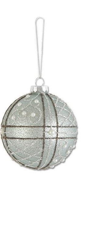 Glittered Lt. Blue Mercury Glass Ornament With Pearls