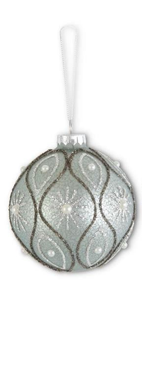 Glittered Lt. Blue Mercury Glass Ornament With Pearls