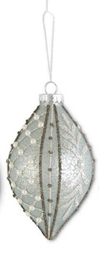 Glittered Lt. Blue Mercury Glass Ornament With Pearls