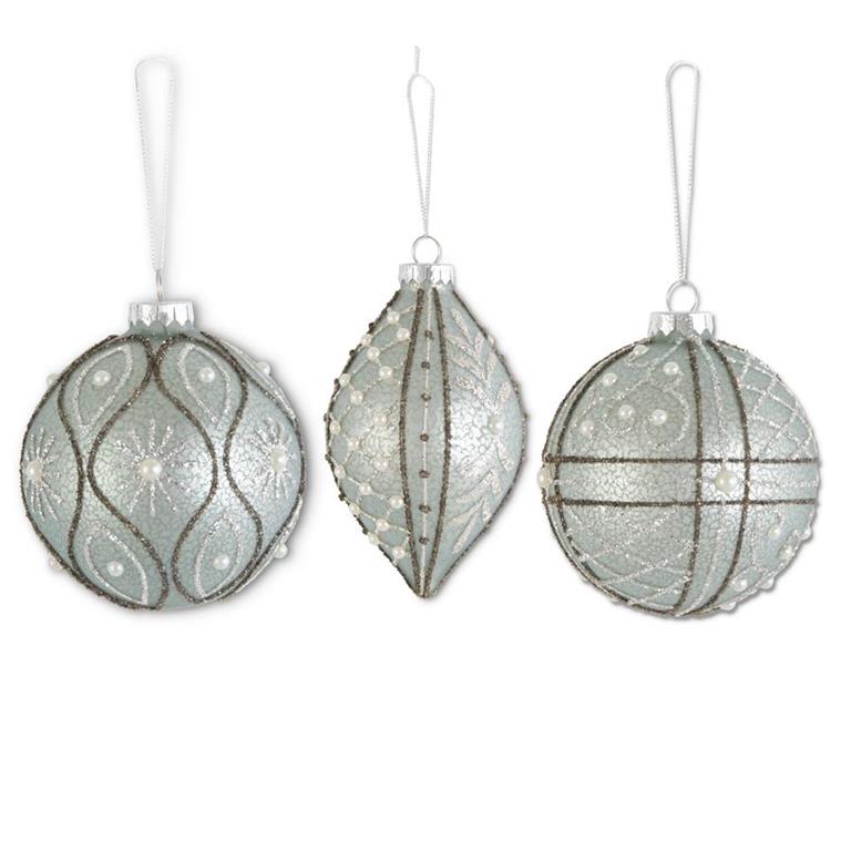 Glittered Lt. Blue Mercury Glass Ornament With Pearls