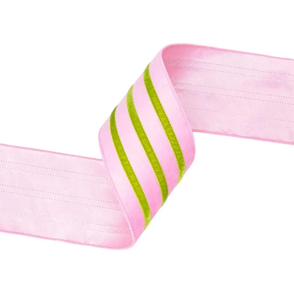 4" Wired Velvet Ribbon w/ Trim | Pink w/ Green Trim | 10 Yard Roll