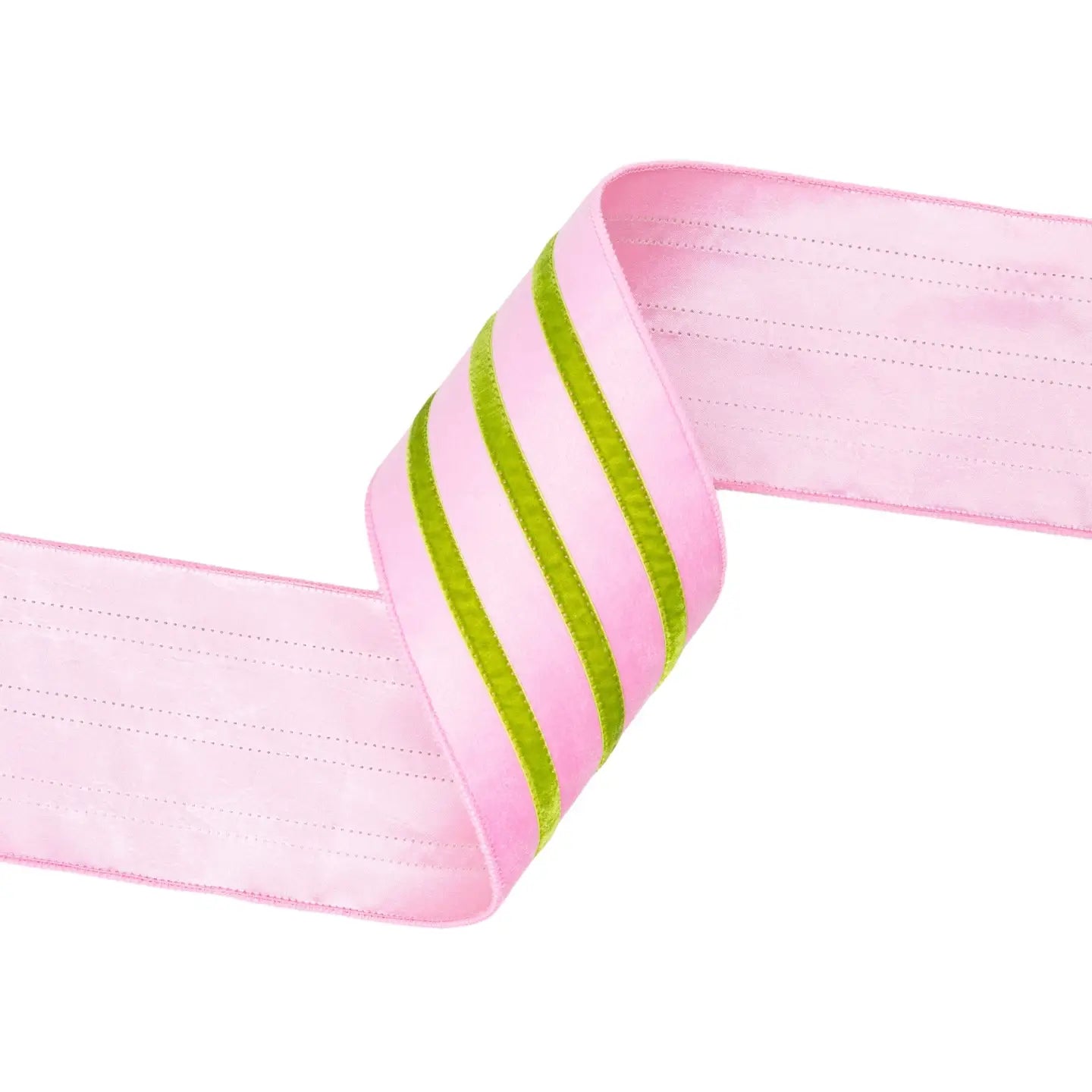 4" Wired Velvet Ribbon w/ Trim | Pink w/ Green Trim | 10 Yard Roll
