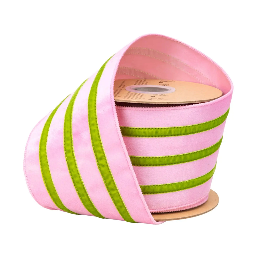 4" Wired Velvet Ribbon w/ Trim | Pink w/ Green Trim | 10 Yard Roll