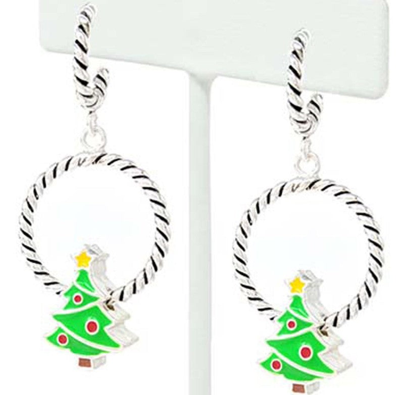 Silver Doubke Hoop Christmas Tree Earrings