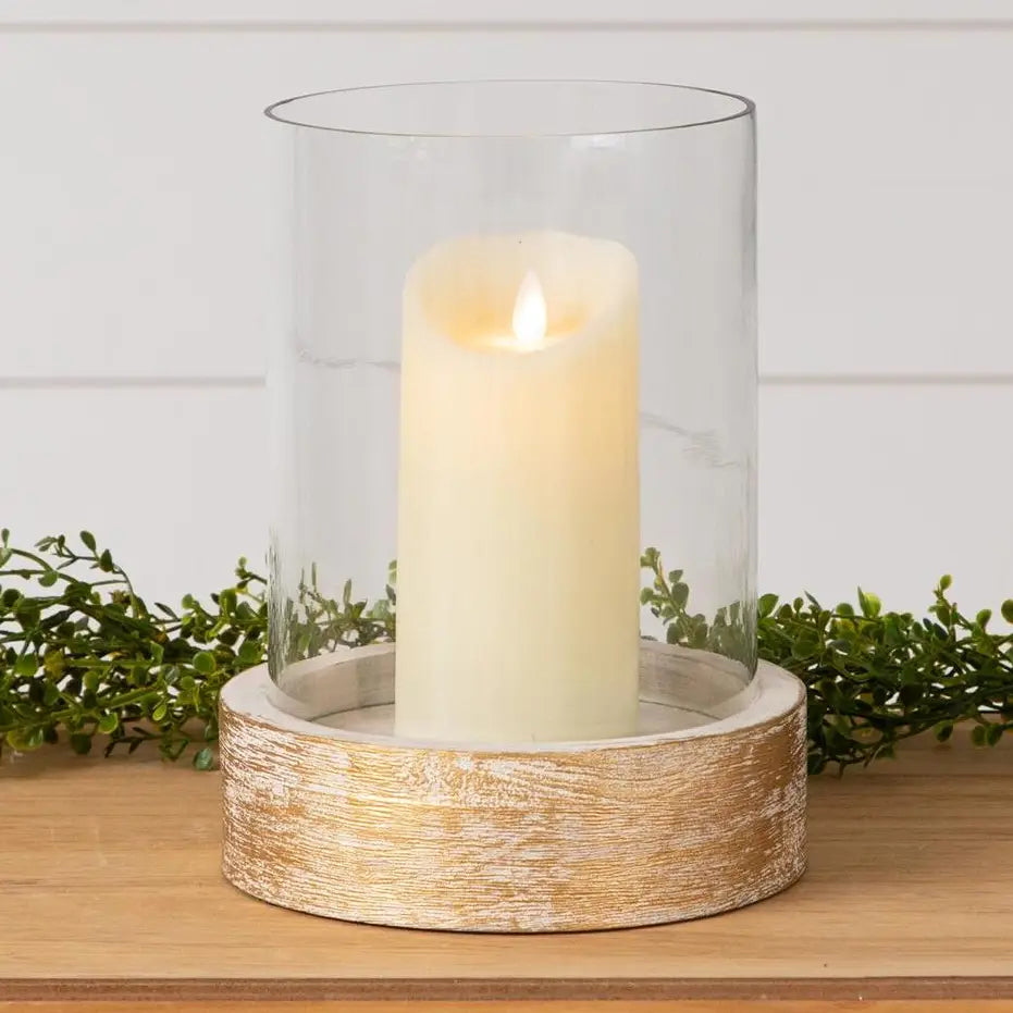 Whitewashed Wood Base With Glass Hurricane