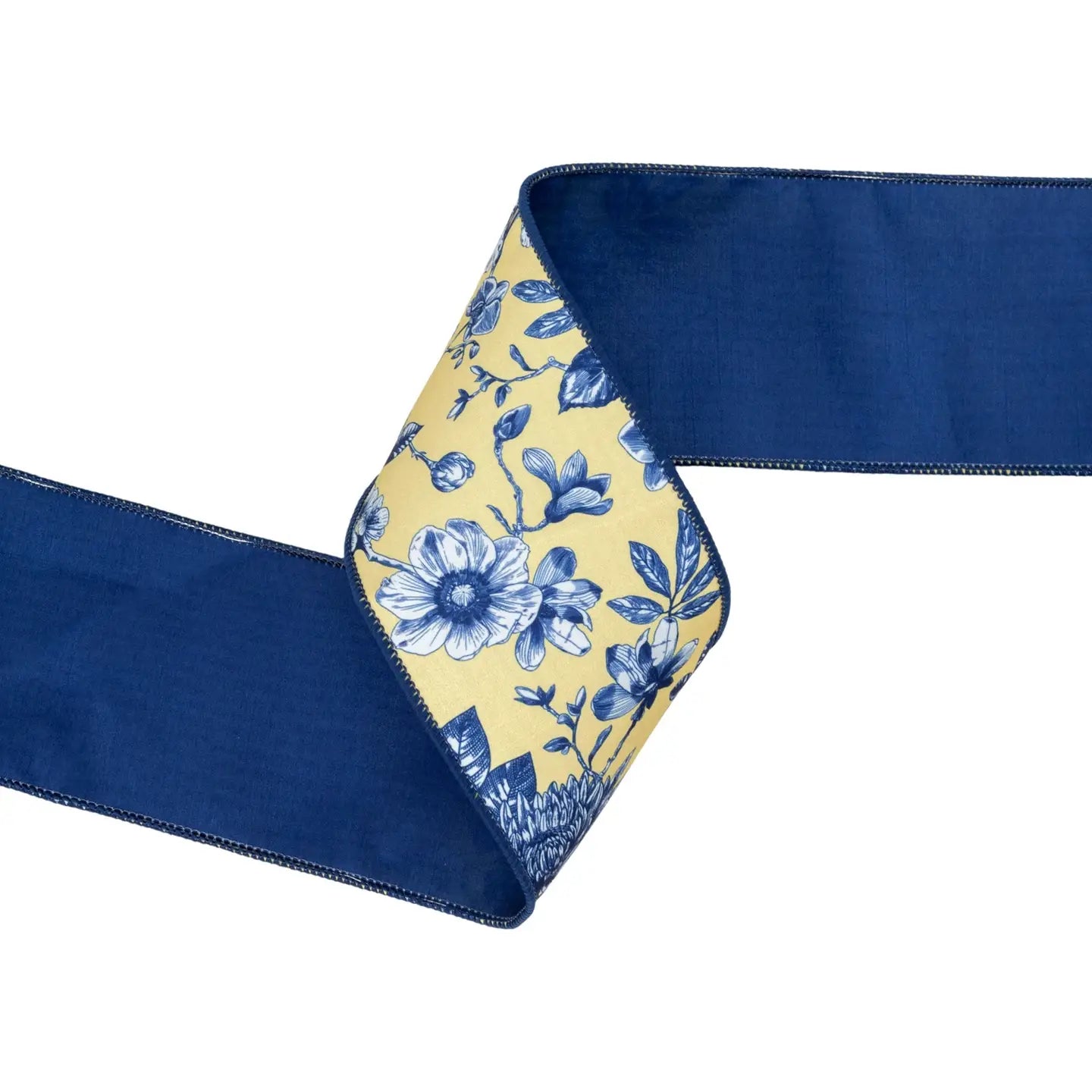 4" Wired Dupioni Ribbon | Blue and Yellow Toile w/ Blue Backing | 10 Yard Roll