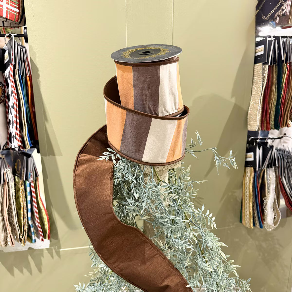 JME Dupion Block Stripe Brown,cream And Orange Ribbon