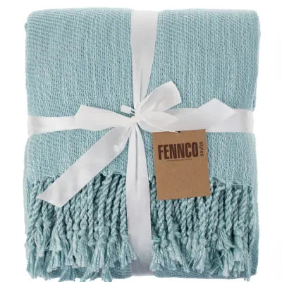 Aqua Woven Fringed Throw