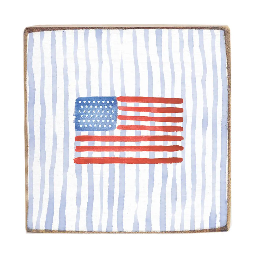 Watercolor American Flag Square Block Sign