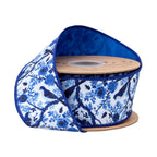 2 1/2" Wired Dupioni Ribbon | Blue and White China Birds w/ Blue Backing | 10 Yard Roll